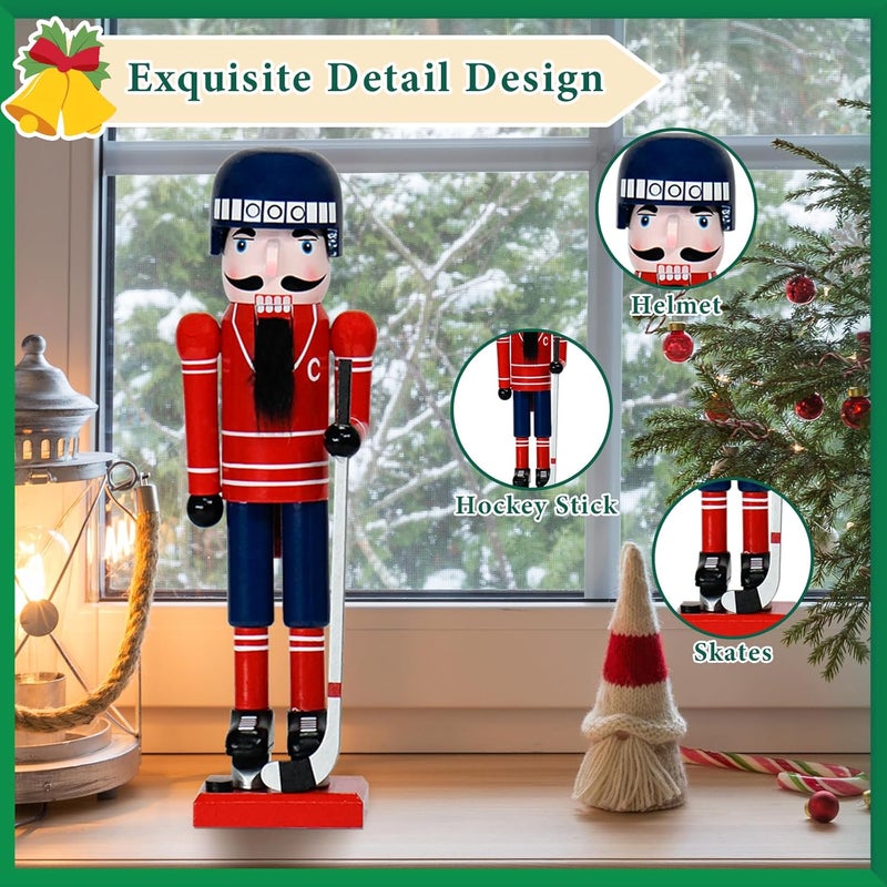 WVIOUOPU Ice Hockey Player Nutcracker Christmas Decorations - 14 Inch Handmade Wooden Figures with Hockey Stick Helmet Skates for Mantle Shelf Tabletop Home Christmas Holiday Ornaments Gifts - Image 1